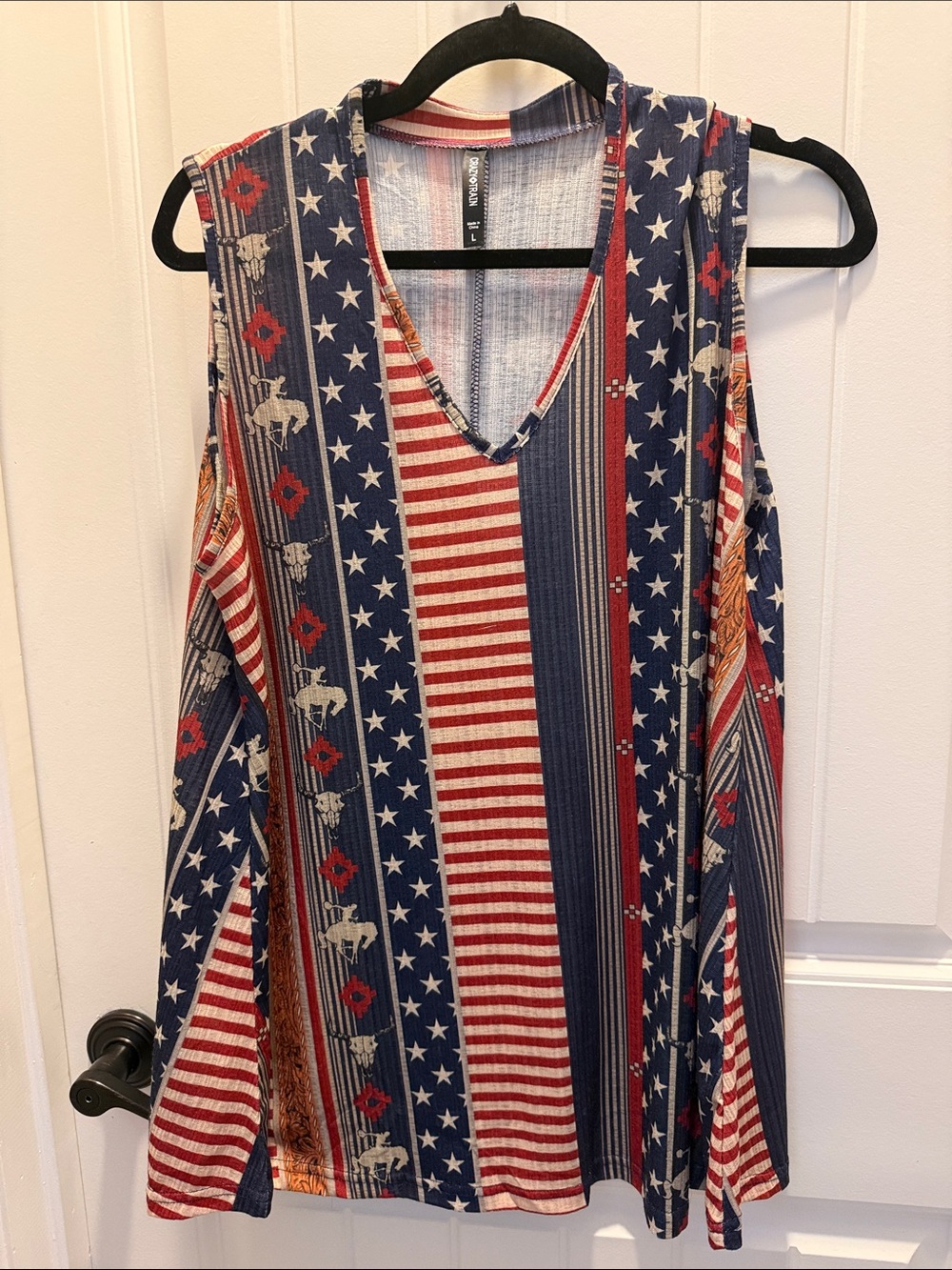 Crazy Train Patriotic Stripe & Star V-Neck Tank Top - Red, Blue, White (L)